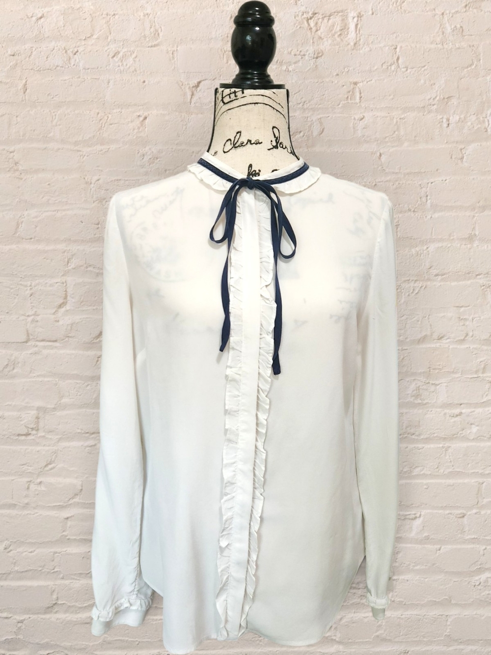 Brooks Brothers 100% Silk White Ruffle Tie Neck Blouse Size 12